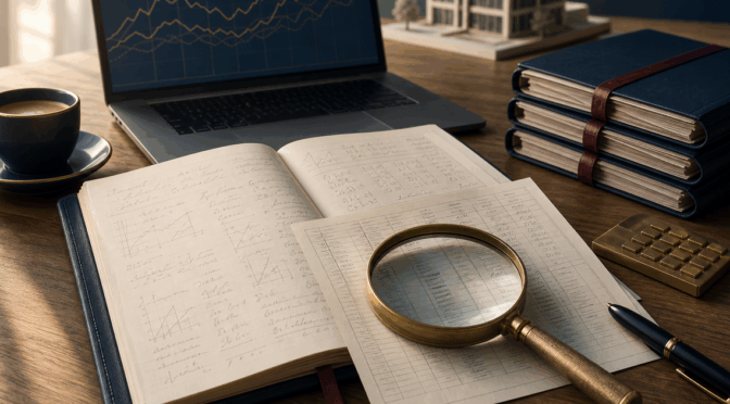 Regnskapsbok med forstørrelsesglass, messingkalkulator og tre navy notebook-mapper med burgunder-bånd – analyse av norsk balanse og resultatregnskap