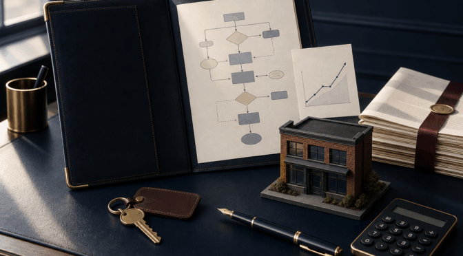 Åpen forretningsmappe med flytdiagram, brass-nøkkel, arkitektmodell av butikk, kalkulator og dokumenter – symboler på å kjøpe bedrift som privatperson