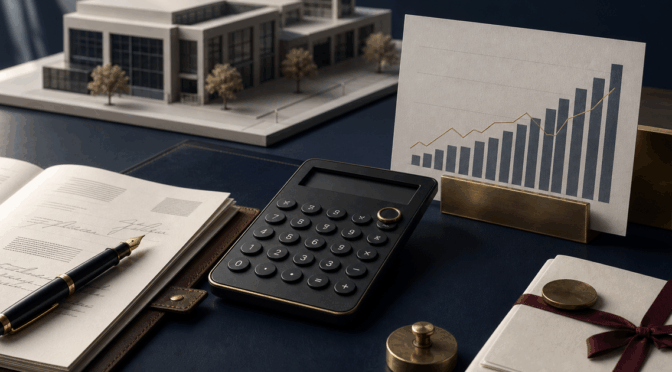 Kalkulator, oppadgående bar chart, leder-ledger med fyllepenn, brass coin og arkitektmodell av moderne bygning – finansiell analyse og EBITDA-verdivurdering