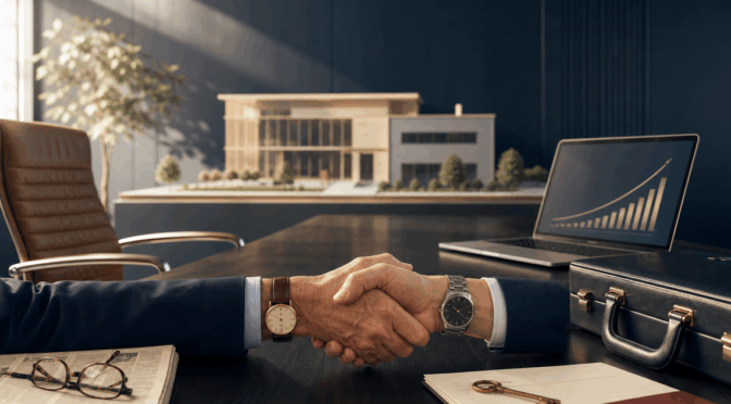 Håndtrykk over skrivebord med to generasjoners armbåndsur, tom stol, dokumentmappe, laptop med vekstgraf og messingnøkkel – management buyout og generasjonsskifte